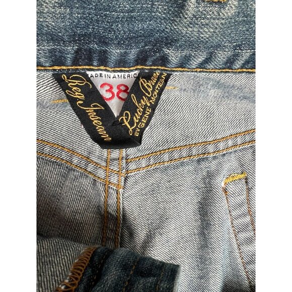 Lucky Brand Mens Jeans 38x33 Distressed Blue Dark Wash Stretch Denim Whiskers 🍀 - Picture 10 of 12